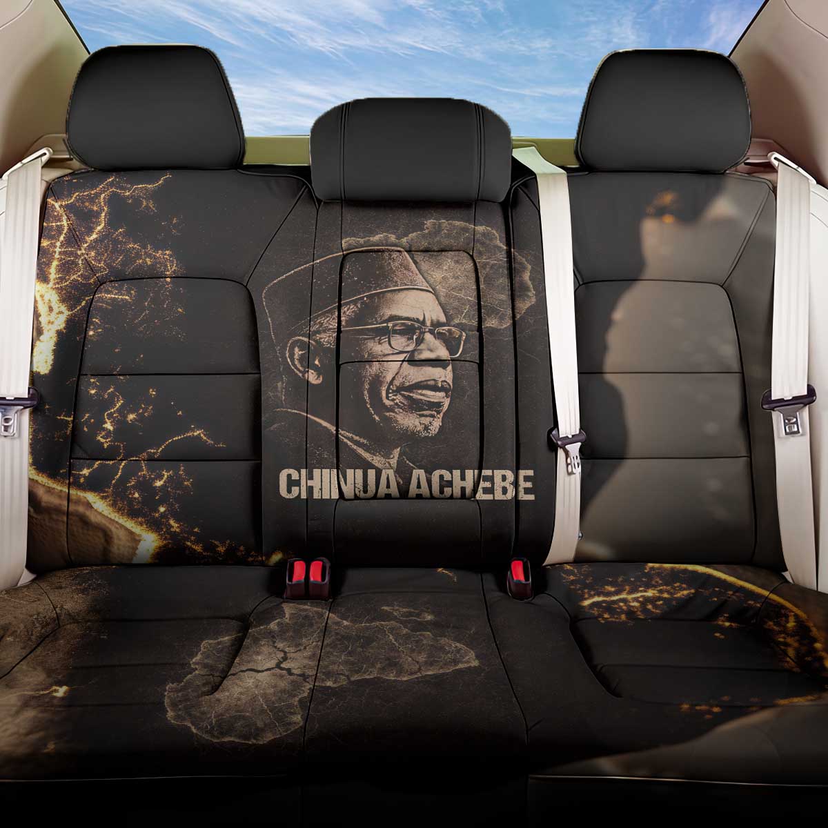 Chinua Achebe Back Car Seat Cover with Sepia Portrait, Lion Historians Quote and Vintage African Map - Wonder Print Shop