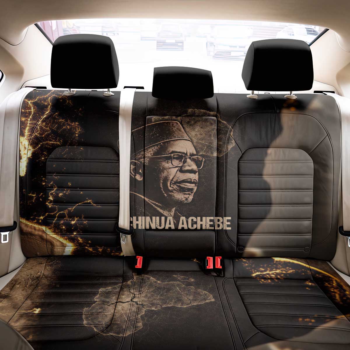 Chinua Achebe Back Car Seat Cover with Sepia Portrait, Lion Historians Quote and Vintage African Map - Wonder Print Shop