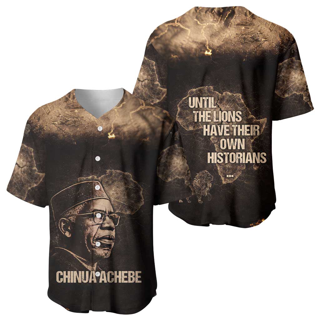Chinua Achebe Baseball Jersey with Sepia Portrait, Lion Historians Quote and Vintage African Map - Wonder Print Shop