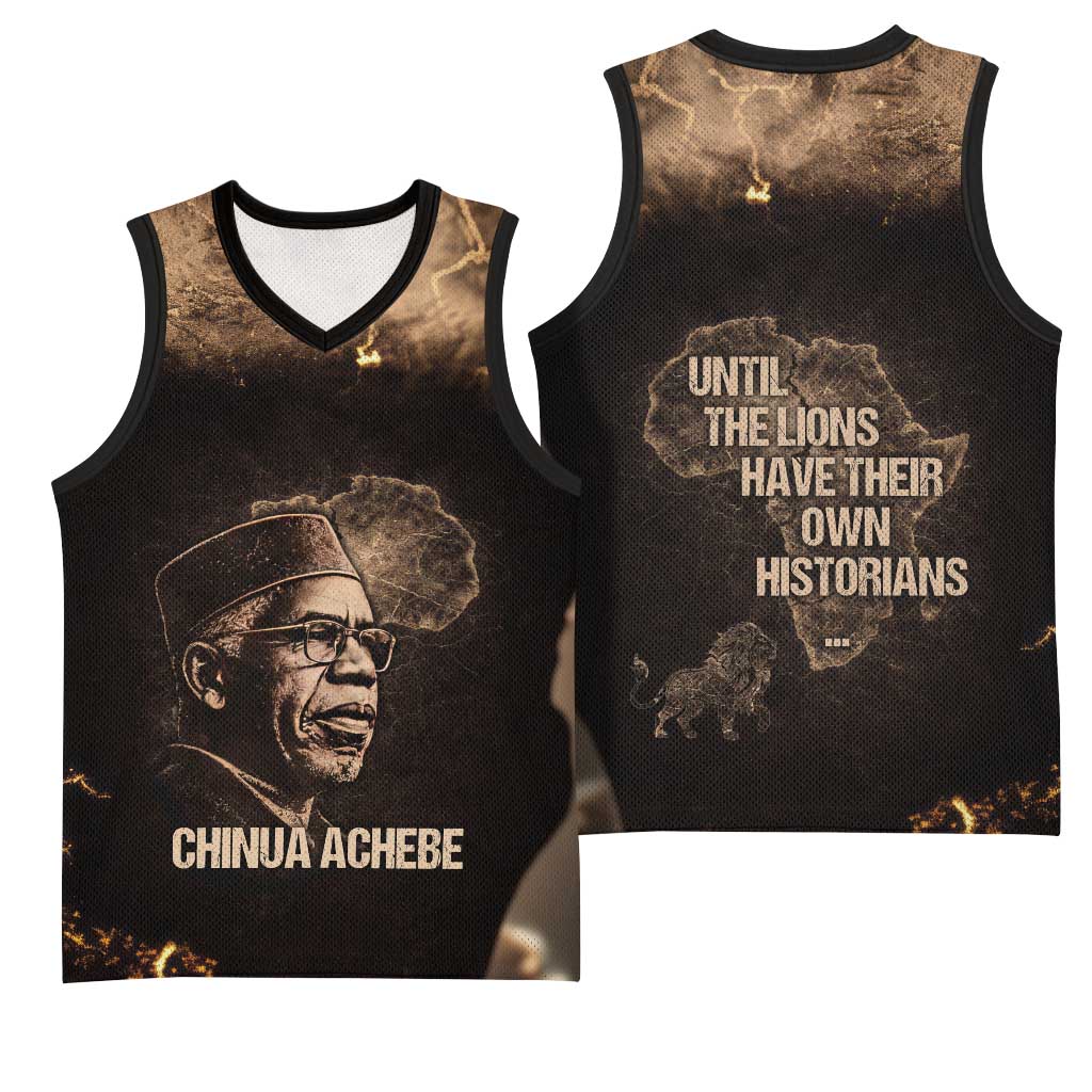 Chinua Achebe Basketball Jersey with Sepia Portrait, Lion Historians Quote and Vintage African Map - Wonder Print Shop