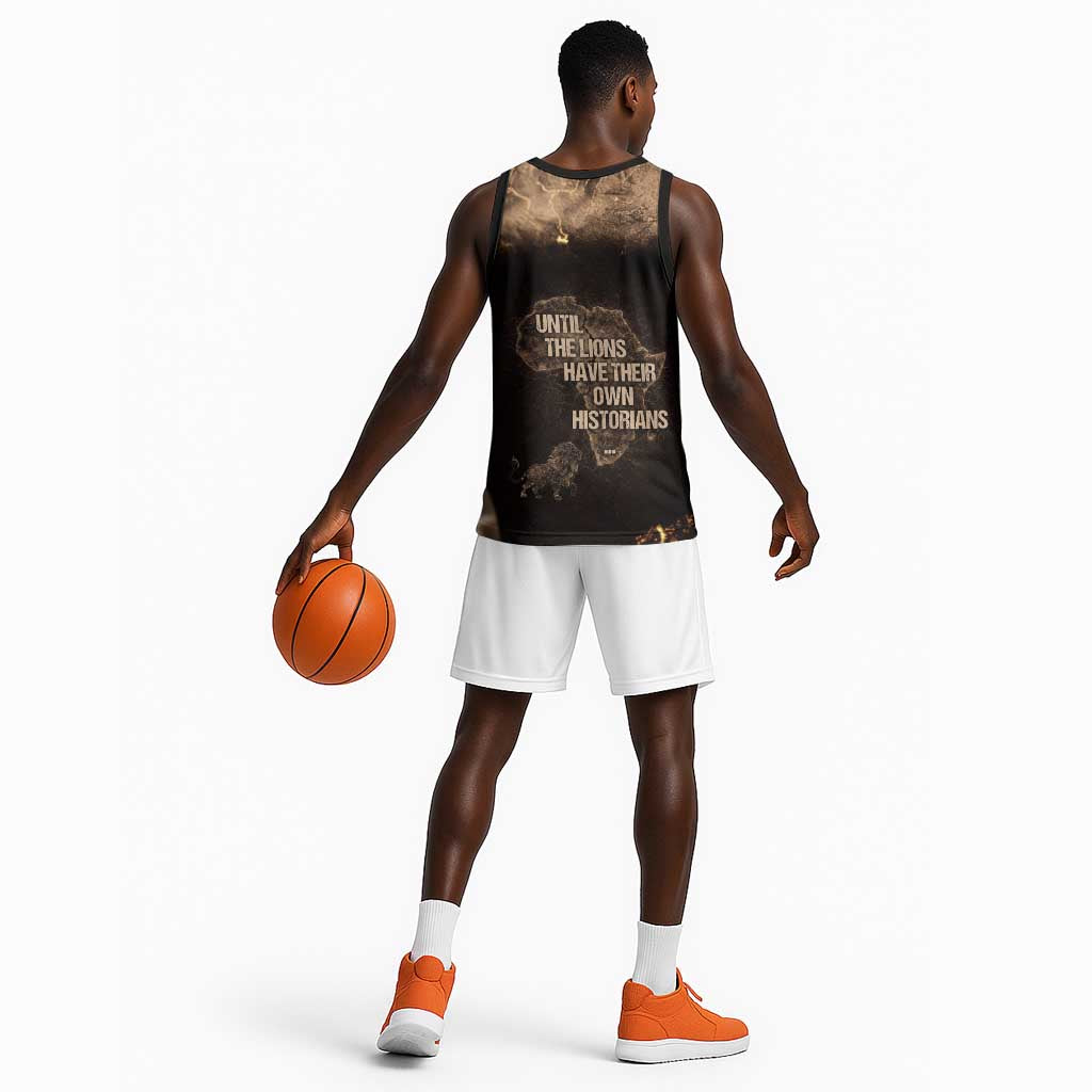 Chinua Achebe Basketball Jersey with Sepia Portrait, Lion Historians Quote and Vintage African Map - Wonder Print Shop