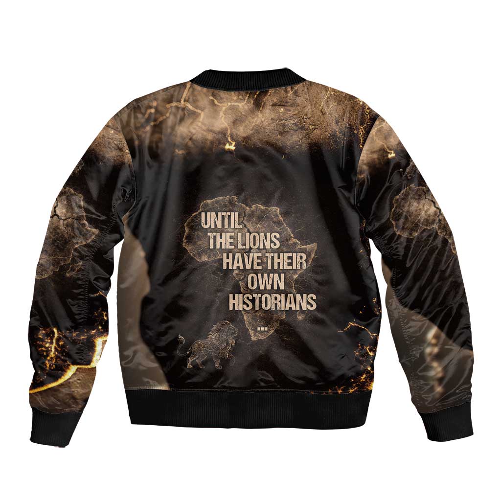 Chinua Achebe Bomber Jacket with Sepia Portrait, Lion Historians Quote and Vintage African Map - Wonder Print Shop