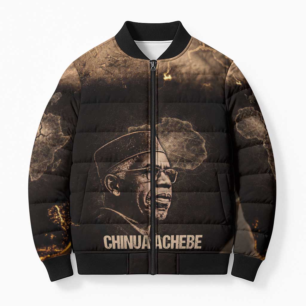 Chinua Achebe Bomber Puffer Jacket with Sepia Portrait, Lion Historians Quote and Vintage African Map - Wonder Print Shop