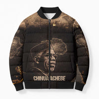Chinua Achebe Bomber Puffer Jacket with Sepia Portrait, Lion Historians Quote and Vintage African Map - Wonder Print Shop