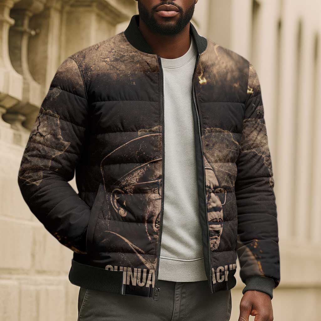 Chinua Achebe Bomber Puffer Jacket with Sepia Portrait, Lion Historians Quote and Vintage African Map - Wonder Print Shop