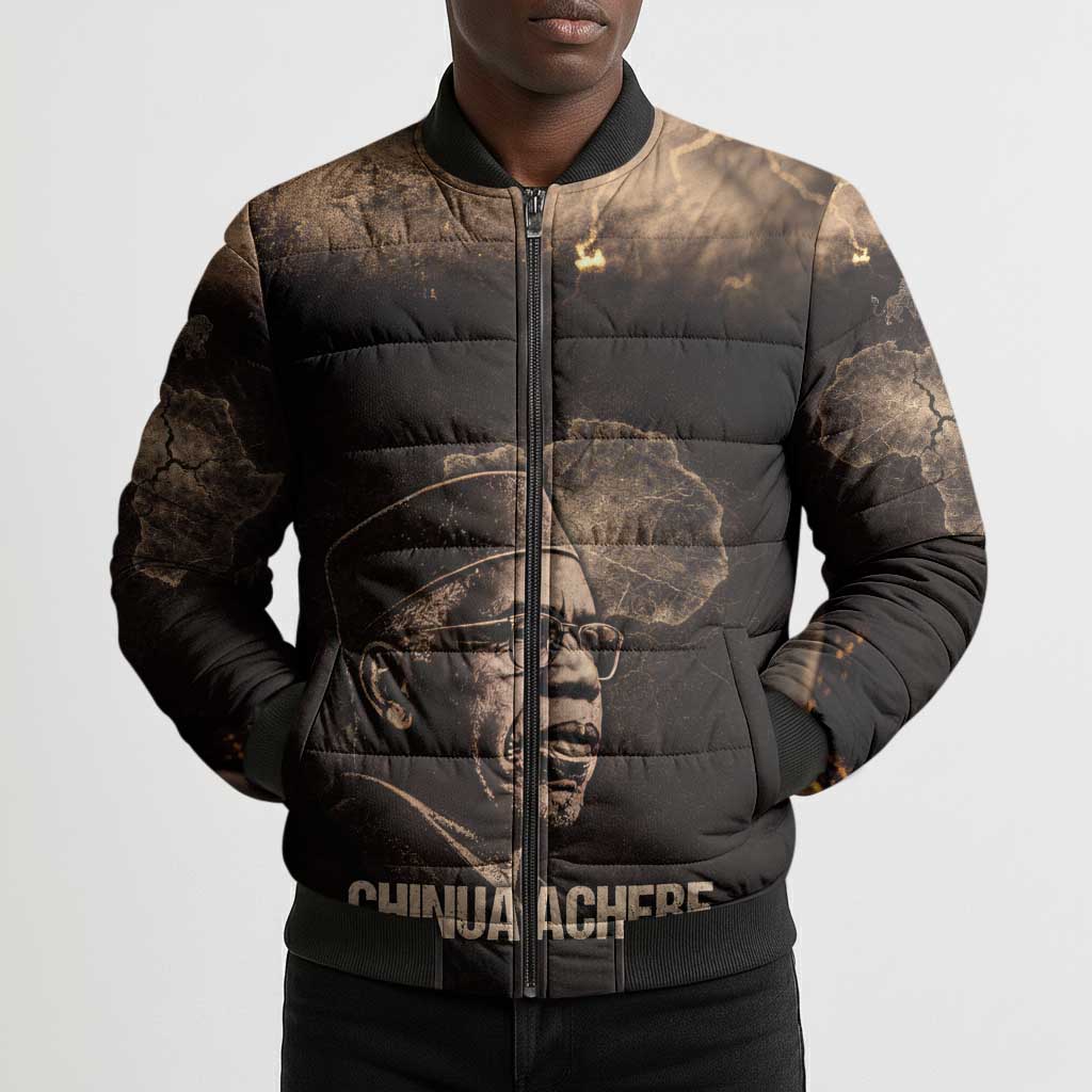 Chinua Achebe Bomber Puffer Jacket with Sepia Portrait, Lion Historians Quote and Vintage African Map - Wonder Print Shop