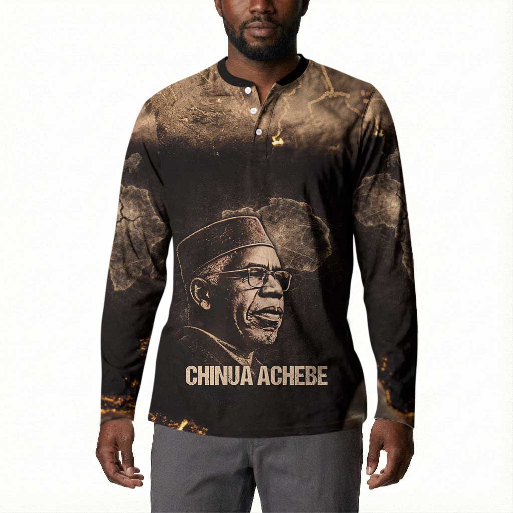 Chinua Achebe Button Sweatshirt with Sepia Portrait, Lion Historians Quote and Vintage African Map