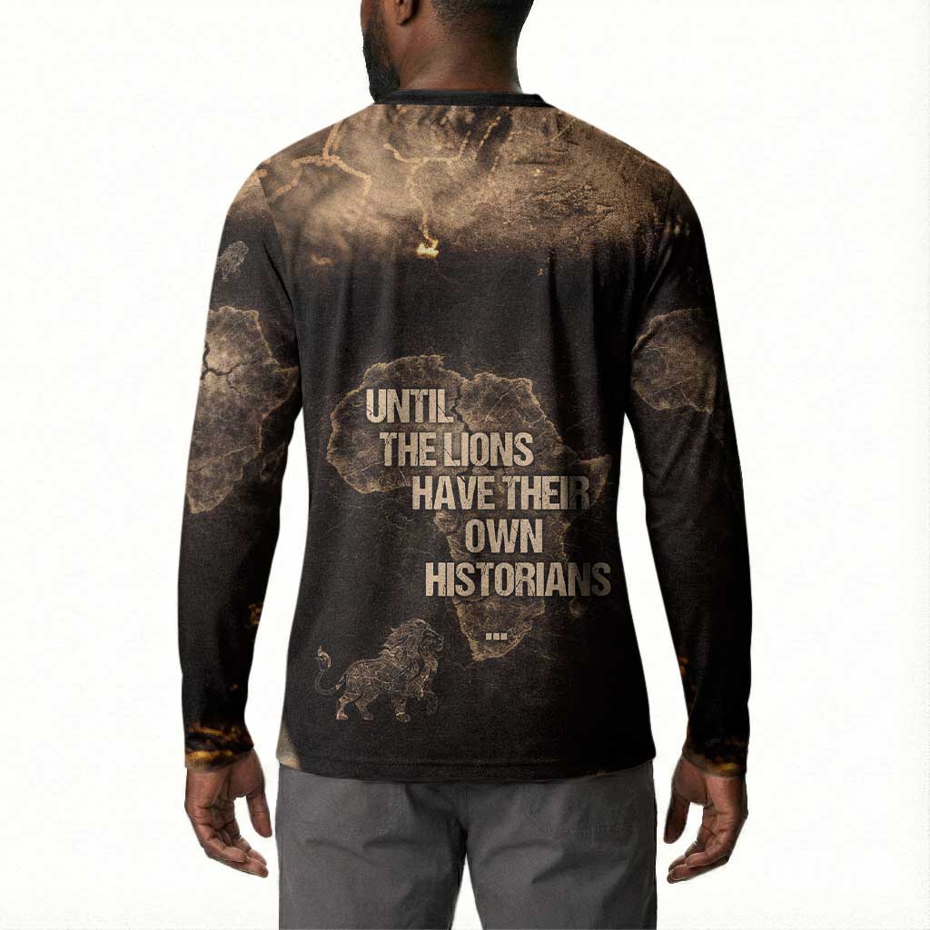 Chinua Achebe Button Sweatshirt with Sepia Portrait, Lion Historians Quote and Vintage African Map