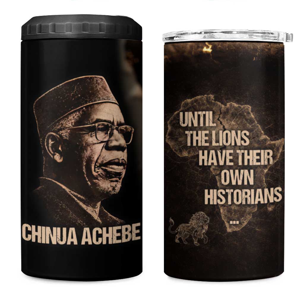 Chinua Achebe 4 in 1 Can Cooler Tumbler with Sepia Portrait, Lion Historians Quote and Vintage African Map - Wonder Print Shop