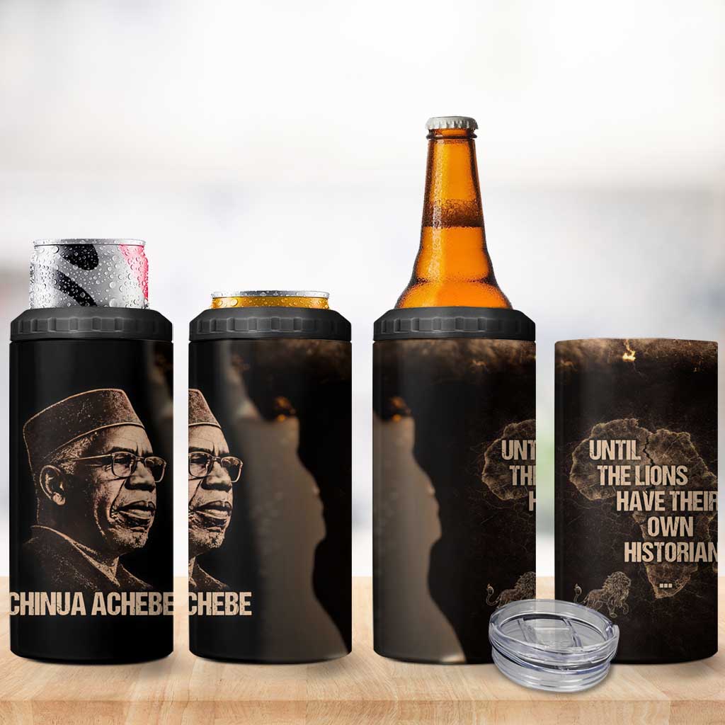 Chinua Achebe 4 in 1 Can Cooler Tumbler with Sepia Portrait, Lion Historians Quote and Vintage African Map - Wonder Print Shop