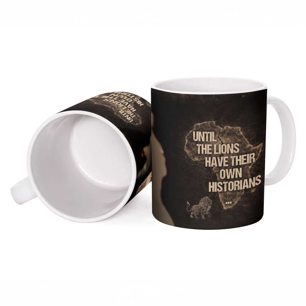 Chinua Achebe Ceramic Mug with Sepia Portrait, Lion Historians Quote and Vintage African Map - Wonder Print Shop