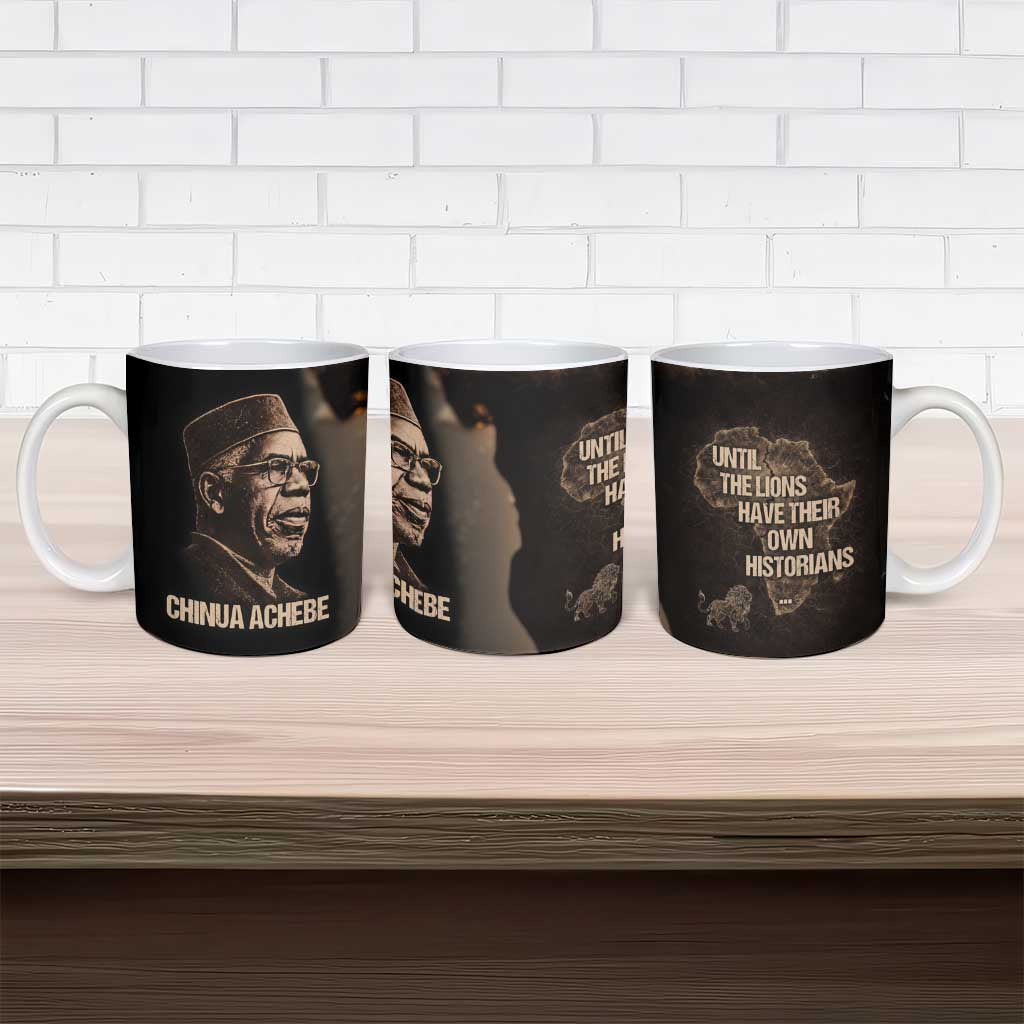 Chinua Achebe Ceramic Mug with Sepia Portrait, Lion Historians Quote and Vintage African Map - Wonder Print Shop
