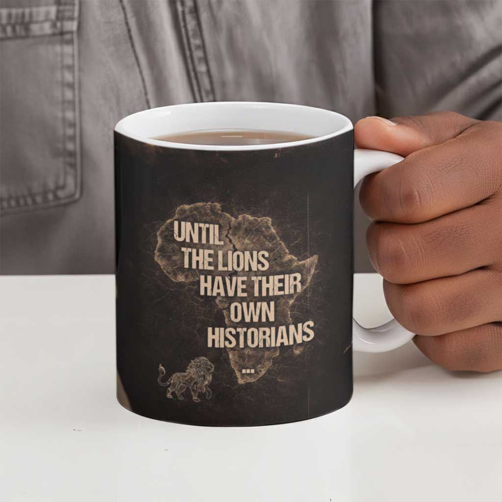 Chinua Achebe Ceramic Mug with Sepia Portrait, Lion Historians Quote and Vintage African Map - Wonder Print Shop