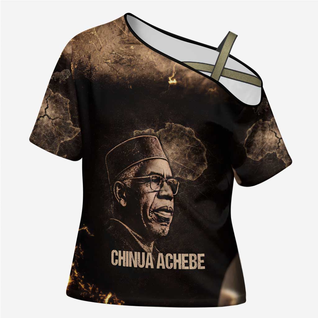 Chinua Achebe Cross Shoulder Shirt with Sepia Portrait, Lion Historians Quote and Vintage African Map - Wonder Print Shop