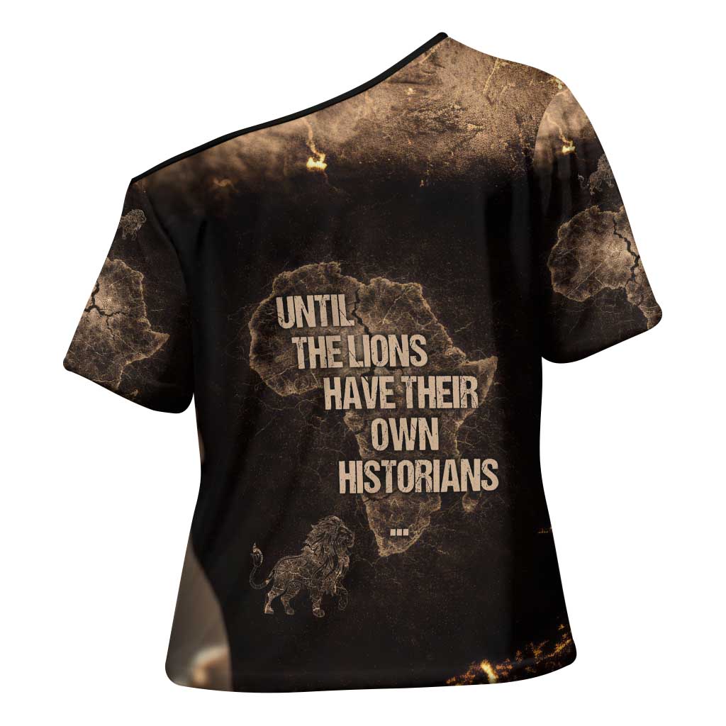 Chinua Achebe Cross Shoulder Shirt with Sepia Portrait, Lion Historians Quote and Vintage African Map - Wonder Print Shop