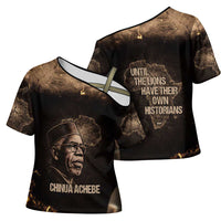 Chinua Achebe Cross Shoulder Shirt with Sepia Portrait, Lion Historians Quote and Vintage African Map - Wonder Print Shop