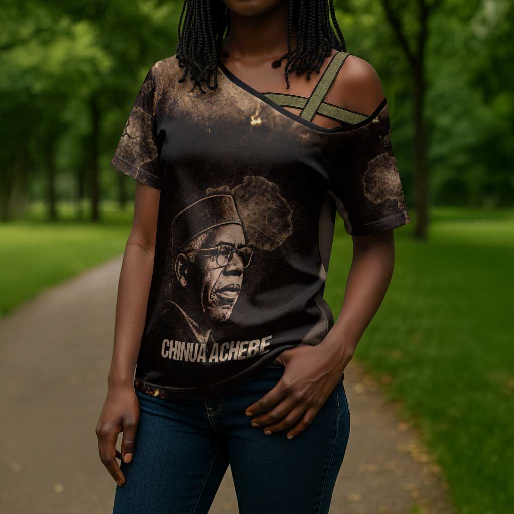Chinua Achebe Cross Shoulder Shirt with Sepia Portrait, Lion Historians Quote and Vintage African Map - Wonder Print Shop