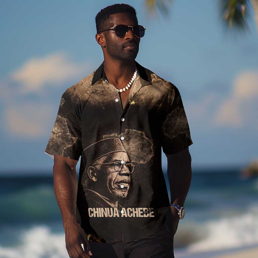 Chinua Achebe Hawaiian Shirt with Sepia Portrait, Lion Historians Quote and Vintage African Map - Wonder Print Shop