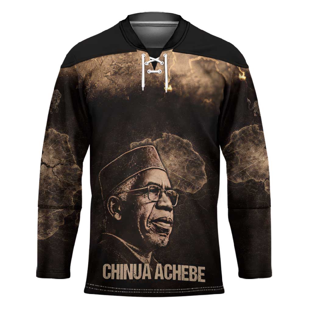Chinua Achebe Hockey Jersey with Sepia Portrait, Lion Historians Quote and Vintage African Map - Wonder Print Shop