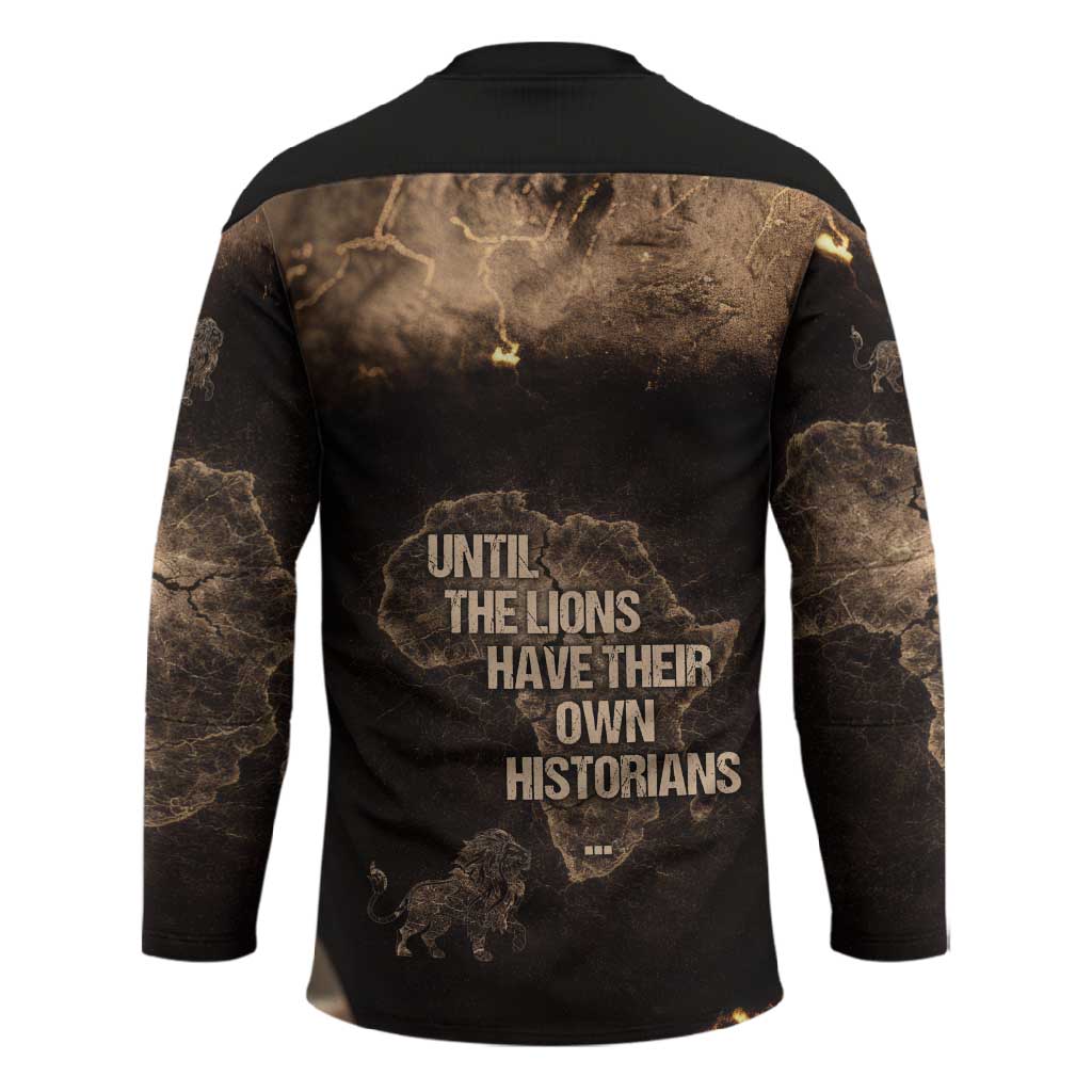 Chinua Achebe Hockey Jersey with Sepia Portrait, Lion Historians Quote and Vintage African Map - Wonder Print Shop