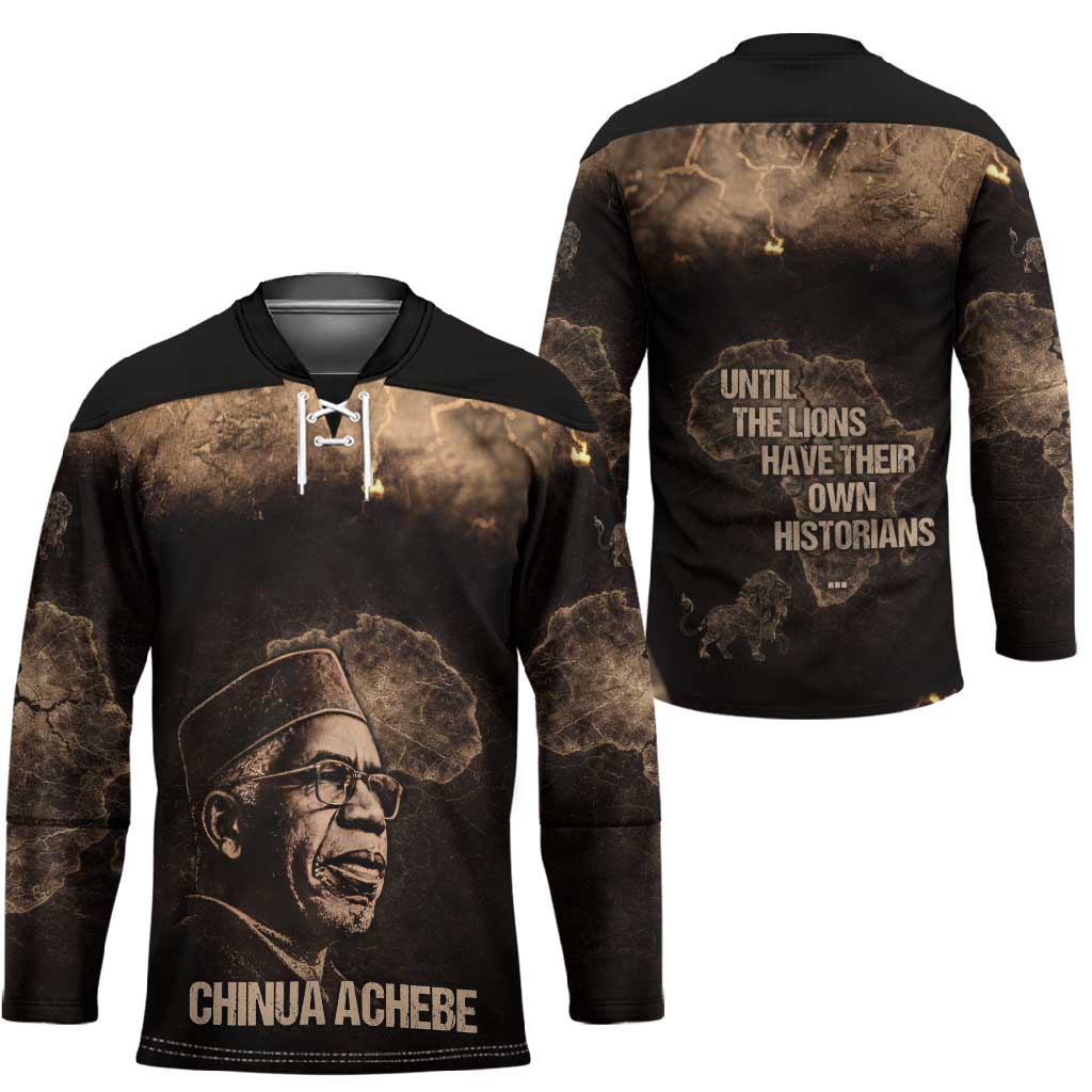 Chinua Achebe Hockey Jersey with Sepia Portrait, Lion Historians Quote and Vintage African Map - Wonder Print Shop