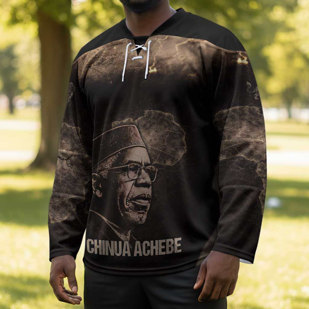 Chinua Achebe Hockey Jersey with Sepia Portrait, Lion Historians Quote and Vintage African Map - Wonder Print Shop