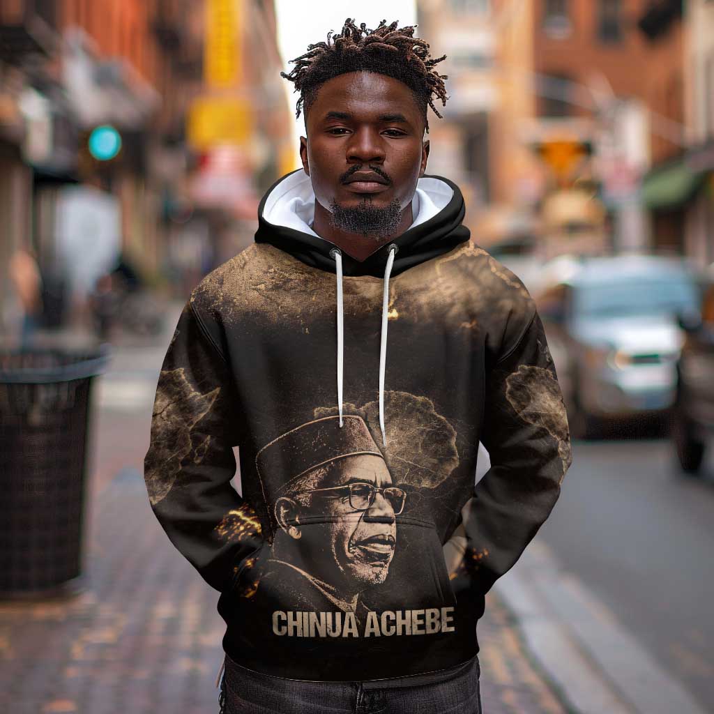 Chinua Achebe Hoodie with Sepia Portrait, Lion Historians Quote and Vintage African Map - Wonder Print Shop