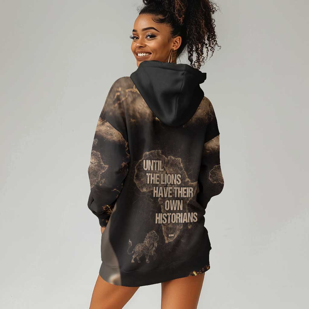 Chinua Achebe Hoodie Dress with Sepia Portrait, Lion Historians Quote and Vintage African Map - Wonder Print Shop