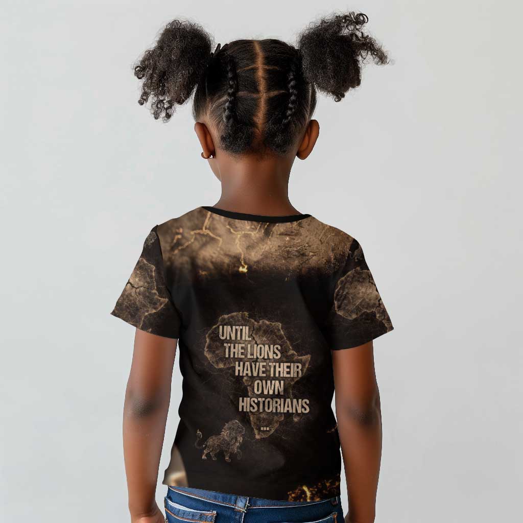 Chinua Achebe Kid T shirt with Sepia Portrait, Lion Historians Quote and Vintage African Map - Wonder Print Shop
