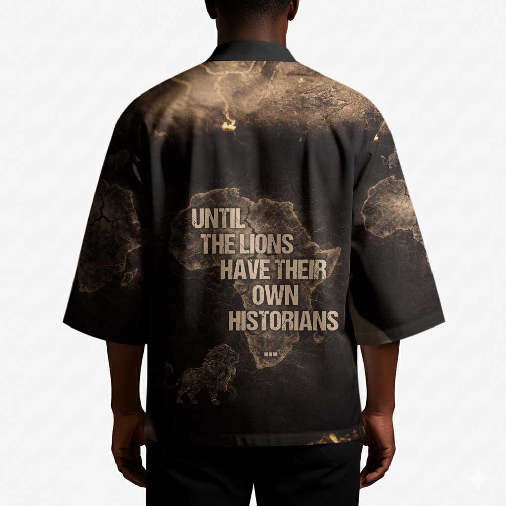 Chinua Achebe Kimono with Sepia Portrait, Lion Historians Quote and Vintage African Map - Wonder Print Shop