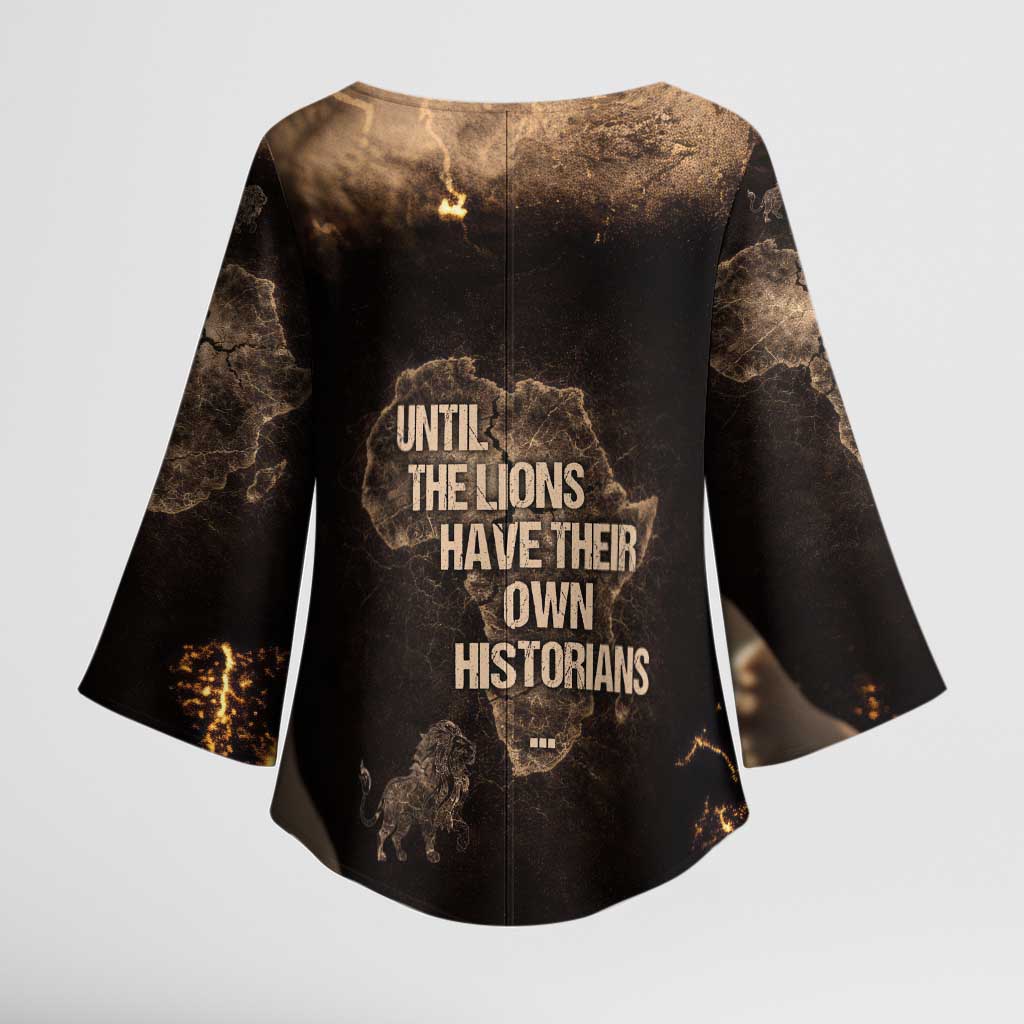 Chinua Achebe Kimono Sleeve Blouse with Sepia Portrait, Lion Historians Quote and Vintage African Map - Wonder Print Shop