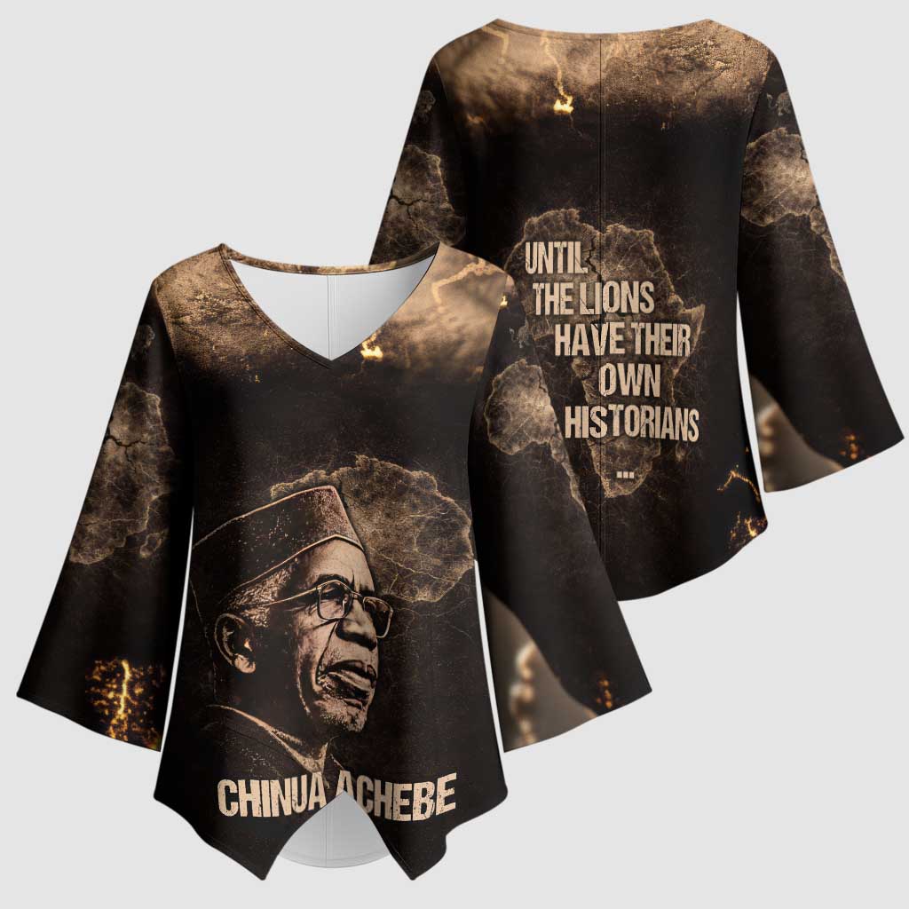 Chinua Achebe Kimono Sleeve Blouse with Sepia Portrait, Lion Historians Quote and Vintage African Map - Wonder Print Shop