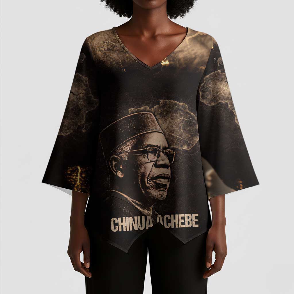 Chinua Achebe Kimono Sleeve Blouse with Sepia Portrait, Lion Historians Quote and Vintage African Map - Wonder Print Shop