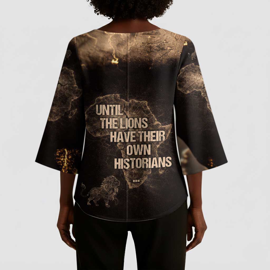 Chinua Achebe Kimono Sleeve Blouse with Sepia Portrait, Lion Historians Quote and Vintage African Map - Wonder Print Shop