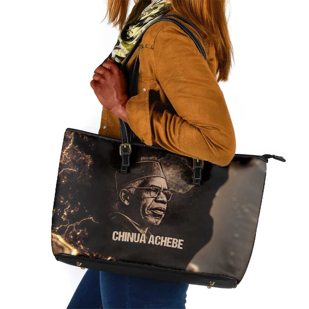 Chinua Achebe Leather Tote Bag with Sepia Portrait, Lion Historians Quote and Vintage African Map - Wonder Print Shop