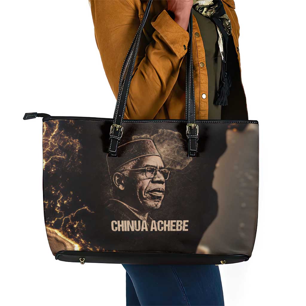 Chinua Achebe Leather Tote Bag with Sepia Portrait, Lion Historians Quote and Vintage African Map - Wonder Print Shop