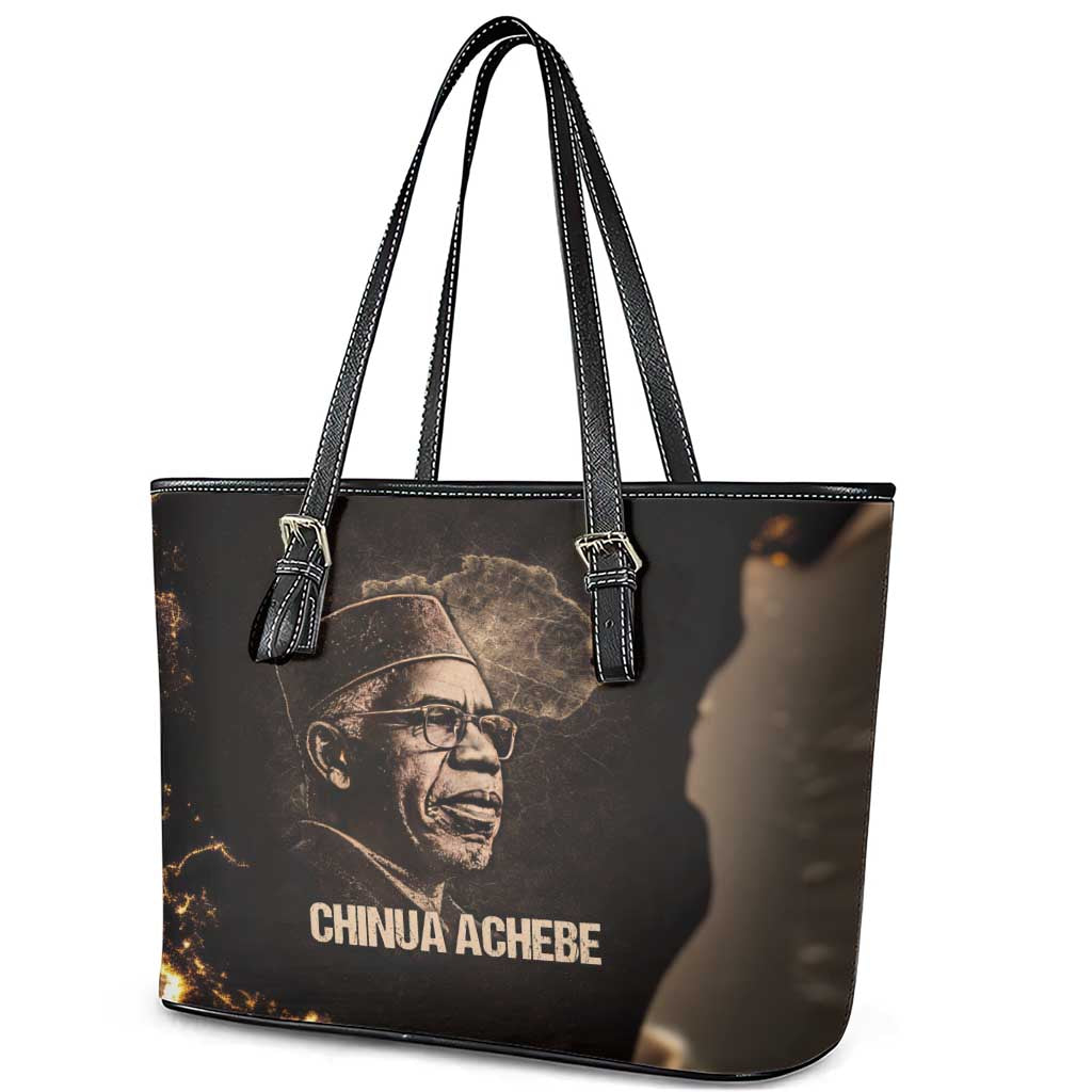 Chinua Achebe Leather Tote Bag with Sepia Portrait, Lion Historians Quote and Vintage African Map - Wonder Print Shop