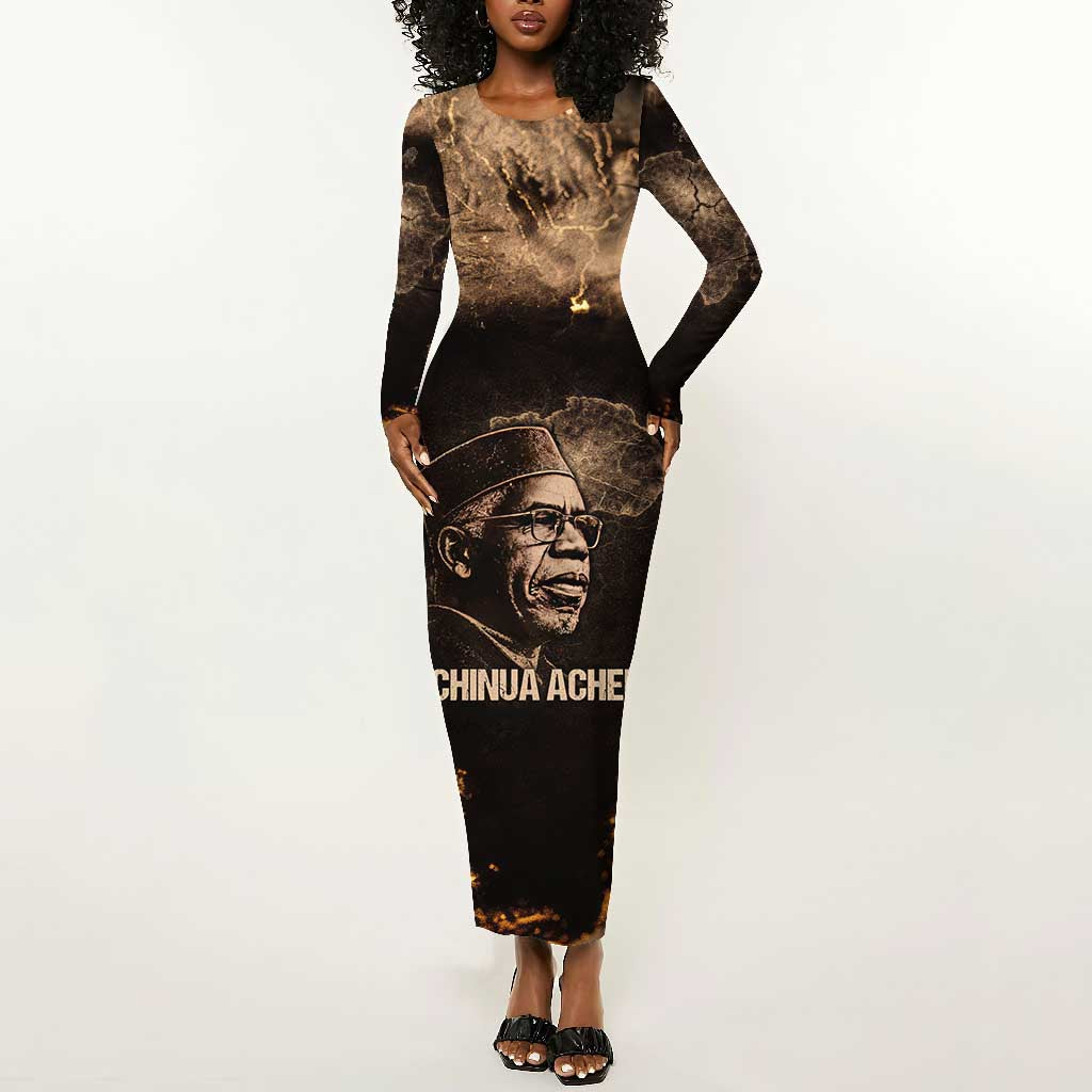 Chinua Achebe Long Sleeve Bodycon Dress with Sepia Portrait, Lion Historians Quote and Vintage African Map - Wonder Print Shop