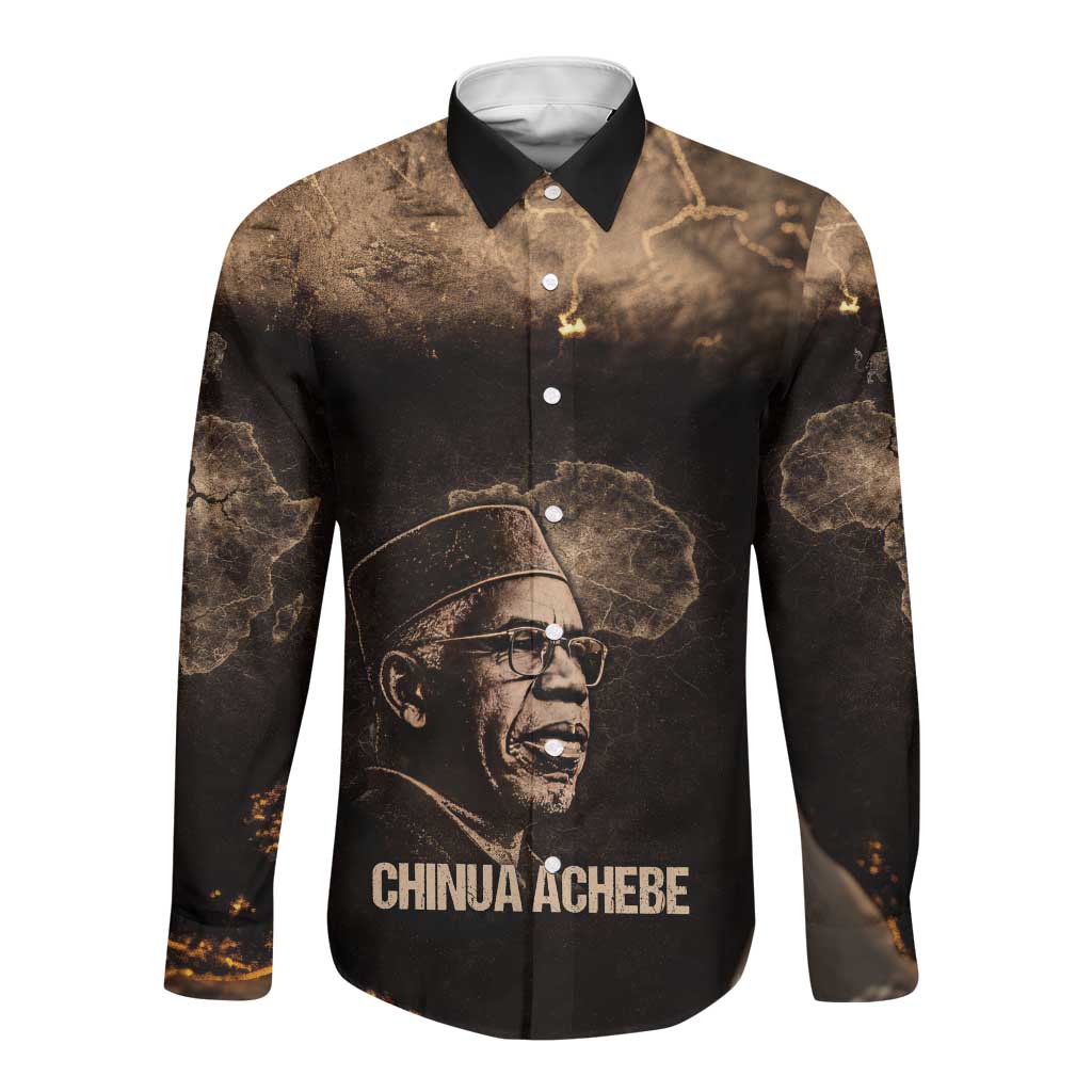 Chinua Achebe Long Sleeve Button Shirt with Sepia Portrait, Lion Historians Quote and Vintage African Map - Wonder Print Shop