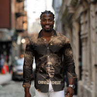 Chinua Achebe Long Sleeve Button Shirt with Sepia Portrait, Lion Historians Quote and Vintage African Map - Wonder Print Shop