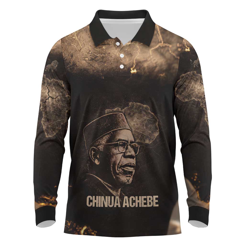 Chinua Achebe Long Sleeve Polo Shirt with Sepia Portrait, Lion Historians Quote and Vintage African Map - Wonder Print Shop