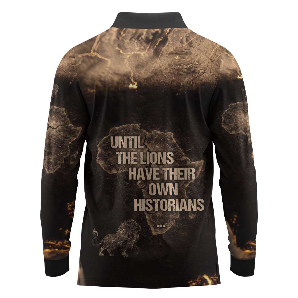 Chinua Achebe Long Sleeve Polo Shirt with Sepia Portrait, Lion Historians Quote and Vintage African Map - Wonder Print Shop