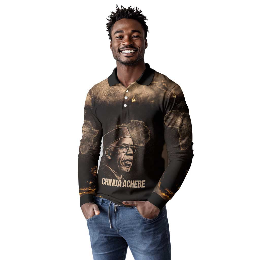 Chinua Achebe Long Sleeve Polo Shirt with Sepia Portrait, Lion Historians Quote and Vintage African Map - Wonder Print Shop