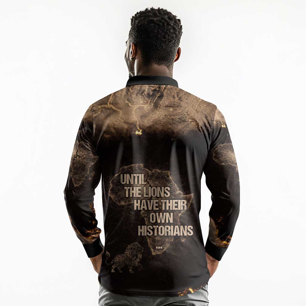 Chinua Achebe Long Sleeve Polo Shirt with Sepia Portrait, Lion Historians Quote and Vintage African Map - Wonder Print Shop