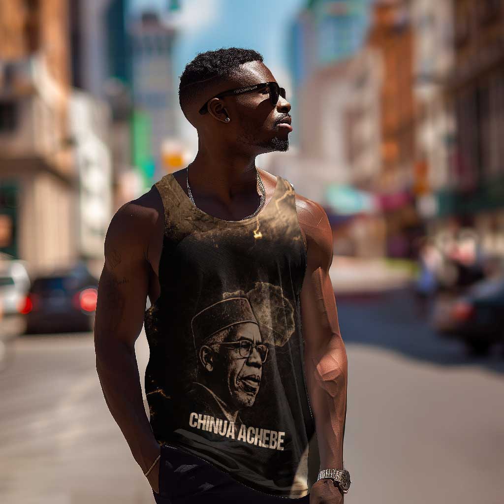 Chinua Achebe Men Tank Top with Sepia Portrait, Lion Historians Quote and Vintage African Map - Wonder Print Shop