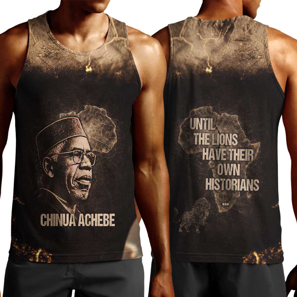 Chinua Achebe Men Tank Top with Sepia Portrait, Lion Historians Quote and Vintage African Map - Wonder Print Shop
