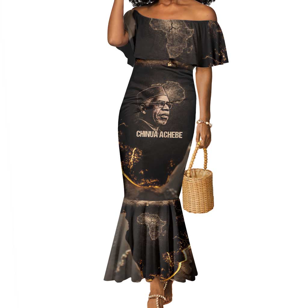 Chinua Achebe Mermaid Dress with Sepia Portrait, Lion Historians Quote and Vintage African Map - Wonder Print Shop