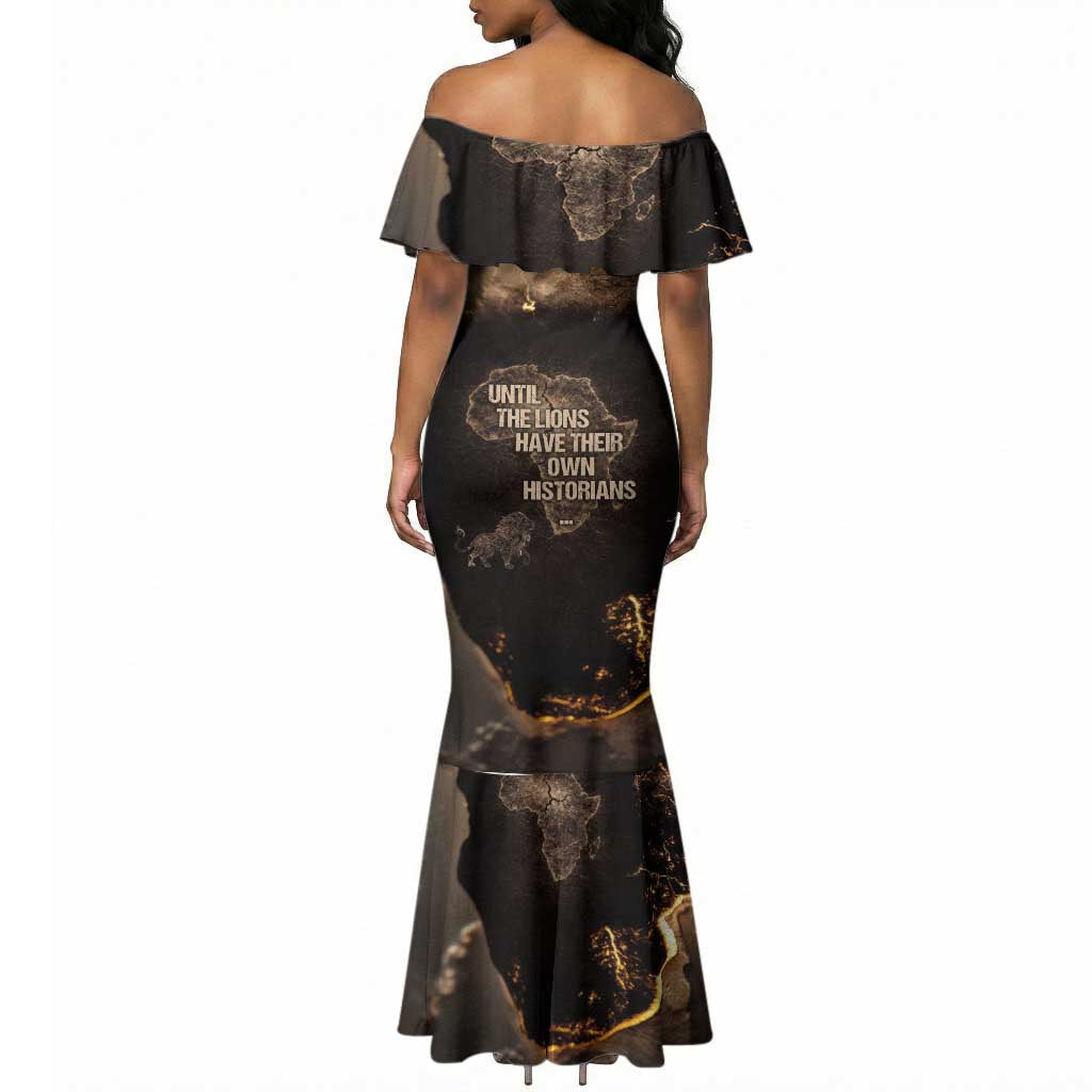 Chinua Achebe Mermaid Dress with Sepia Portrait, Lion Historians Quote and Vintage African Map - Wonder Print Shop