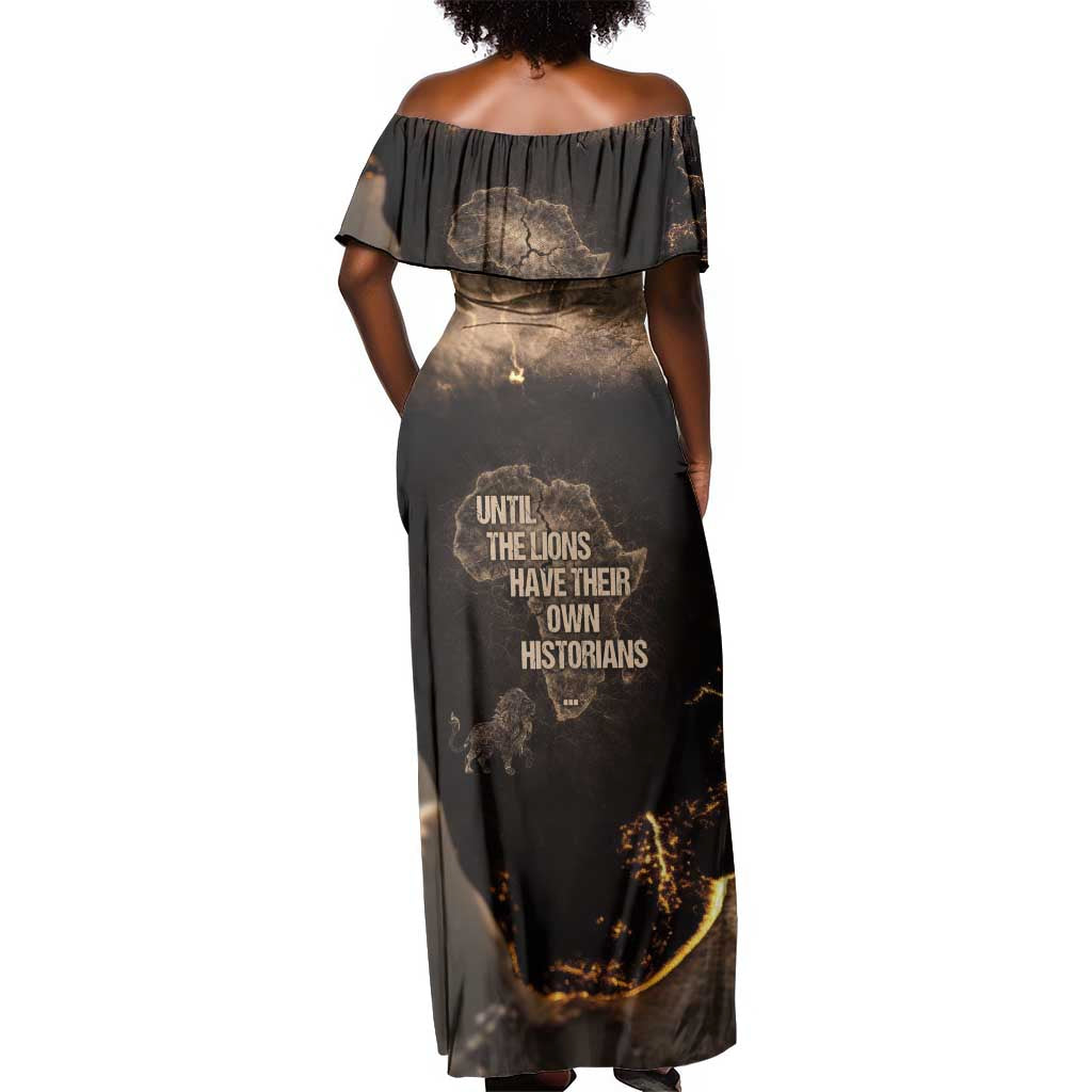 Chinua Achebe Off Shoulder Maxi Dress with Sepia Portrait, Lion Historians Quote and Vintage African Map - Wonder Print Shop