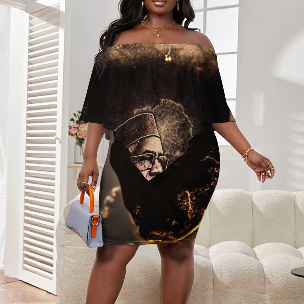 Chinua Achebe Off Shoulder Short Dress with Sepia Portrait, Lion Historians Quote and Vintage African Map - Wonder Print Shop